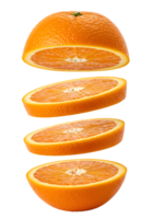Floating orange slices create a visually dynamic and appetizing composition on a transparent png