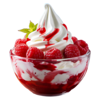 Fresh Raspberry Yogurt with Whipped Cream in White Bowl Transparent Background png