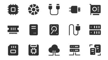 Hardware components glyph icons pack for web design. Solid icon set with circuit, microchip, memory card, usb cable, motherboard, processor, server, computer and more pictograms. illustration. vector