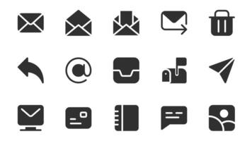 Email glyph icons pack for web design. Solid icon set with letter, open envelope, send mail, trash bin, reply, mailbox, notification, contact, address book and more pictograms. illustration. vector