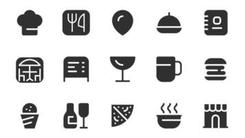 Restaurant and cafe glyph icons pack for web design. Solid icon set with chef hat, fork and knife, location pin, tray, menu, table, wine glass, coffee cup and more pictograms. illustration. vector