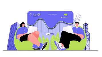 Users analyzing financial data on laptops vector