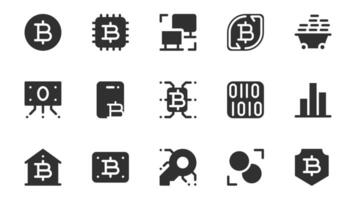 Cryptocurrency glyph icons pack for web design. Solid icon set with bitcoin, crypto coin, virtual currency exchange, finance, blockchain, mining, banking and more pictograms. illustration. vector