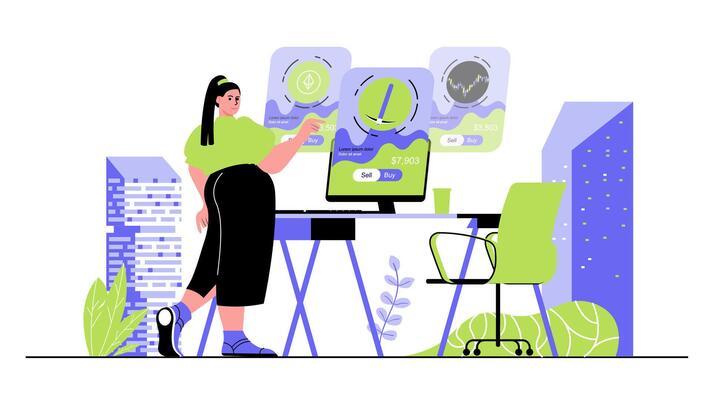 Cryptocurrency marketplace concept for modern web design. People buying and selling crypto money, mining bitcoins, making money at platform. Flat illustration isolated on white background.