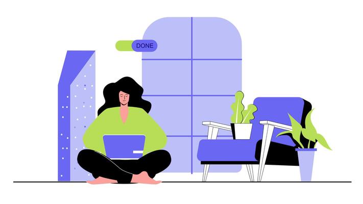 Freelance concept for modern web design. People working at computer, freelancer doing tasks from home office, connecting with team online. Flat illustration isolated on white background.
