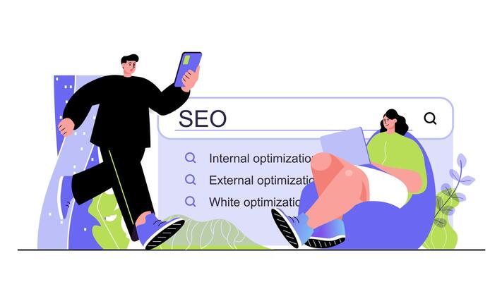 Seo optimization concept for modern web design. People adjusting search engine with keywords, searching queries and increase website traffic. Flat illustration isolated on white background.