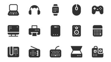 Computers and devices glyph icons pack for web design. Solid icon set with electronics, laptop, headset, smart watch, computer mouse, joystick, printer and more pictograms. illustration. vector