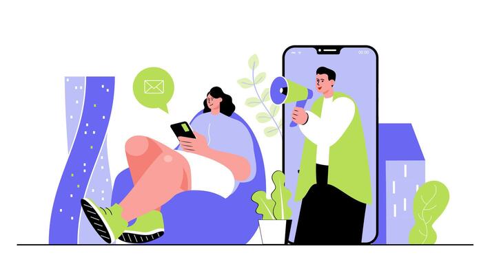 Digital marketing concept for modern web design. People with megaphone making online advertising for new customers, targeting and attraccing. Flat illustration isolated on white background.