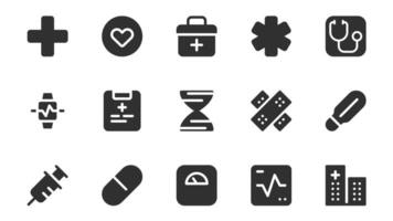 Health and medicine glyph icons pack for web design. Solid icon set with cross, heart, first aid kit, pharmacy, stethoscope, patient record, plaster, thermometer, more pictogram. illustration. vector
