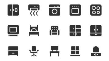 Furniture glyph icons pack for web design. Solid icon set with refrigerator, air conditioner, washing machine, stove, hob, computer, bed, armchair, cabinet and more pictograms. illustration. vector