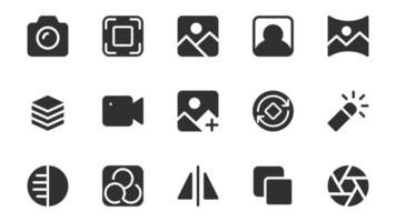 Photo edit glyph icons pack for web design. Solid icon set with camera, picture, portrait, album gallery, image, lens, film, retouch, correction tool and more pictograms. illustration. vector