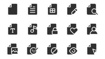 Files glyph icons pack for web design. Solid icon set with documents with text or tables, contract, typescript, search, security lock, approval, decline and more pictograms. illustration. vector