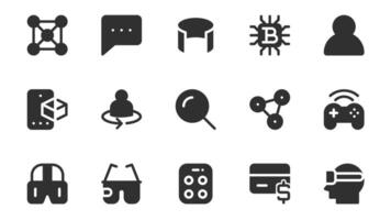 Metaverse glyph icons pack for web design. Solid icon set with cyberspace, online connection, simulation, computer, avatar, bitcoin, cyber game, vr glasses and more pictograms. illustration. vector