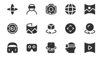 Virtual reality glyph icons pack for web design. Solid icon set with panoramic view, augmented simulation, VR headset, 360 degree vision, online gaming and more pictograms. illustration. vector