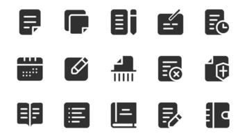 Content edit glyph icons pack for web design. Solid icon set with text, document file, pen writing, article, deadline, calendar, blog, message, social media and more pictograms. illustration. vector