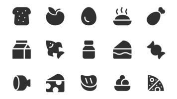 Food glyph icons pack for web design. Solid icon set with bread, apple, egg, chicken leg, milk package, fish, jar, cake, candy, sausage, cheese, pizza, steak and more pictograms. illustration. vector