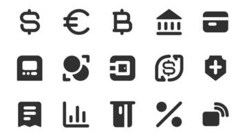 Payments and finance glyph icons pack for web design. Solid icon set with dollar, euro, bitcoin, bank, banking, credit card, currency exchange, safe, shield and more pictograms. illustration. vector