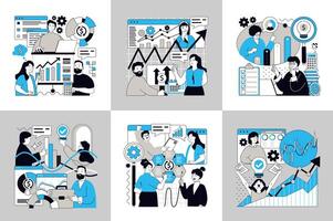 Team reviewing business analytics and strategies vector