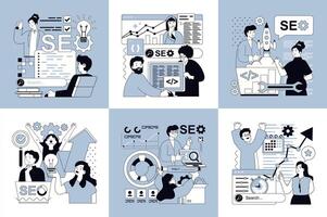 Seo optimization concept of social media banners set for web design. People research website traffic data, finding query in browser, selecting keywords, optimizes site metrics. illustrations. vector