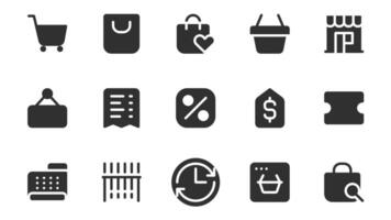 Shopping and e-commerce glyph icons pack for web design. Solid icon set with supermarket cart, bag, wish list, basket, shop, coupon, bill, discount, checkout and more pictograms. illustration. vector
