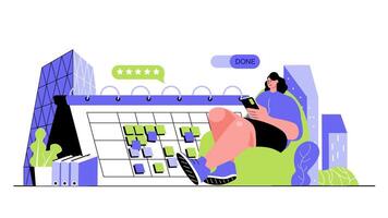 Business planning concept for modern web design. People managing work time, scheduling tasks in calendar, making statistic analysis and reports. Flat illustration isolated on white background. vector