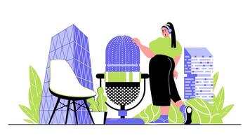 Radio station concept for modern web design. People works as presenters on radio program, speaking to microphone, broadcasting and streaming. Flat illustration isolated on white background. vector