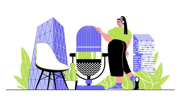 Radio station concept for modern web design. People works as presenters on radio program, speaking to microphone, broadcasting and streaming. Flat illustration isolated on white background.