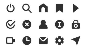 Interface essential glyph icons pack for web design. Solid icon set with basic buttons, power on off, search, home, bookmark, play, approval, decline, info and more pictograms. illustration. vector