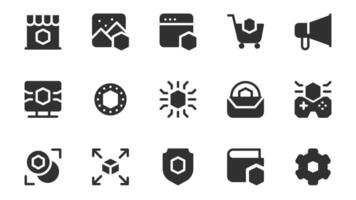 NFT token glyph icons pack for web design. Solid icon set with digital art marketplace, artworks, game, auction buying, cryptocurrency, payment transaction and more pictograms. illustration. vector
