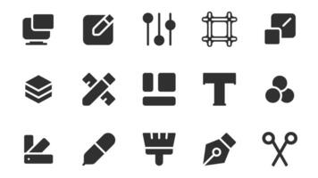 Design tools glyph icons pack for web design. Solid icon set with computer, drawing, adjusting, zoom effect, layers, pencil and ruler, text, colors swatch and more pictograms. illustration. vector