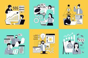 Business technology concept of social media banners set for web design. People analyzing finance data, planning strategy, investing, earning money, brainstorming, meeting online. illustrations. vector