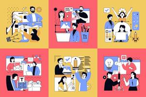 Graphic web design concept of social media banners set. People working on website, finding creative ideas for project, coding and programming, designers drawing digital content. illustrations. vector