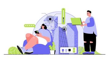 Smart city concept for modern web design. People monitoring and managing homes with eco friendly infrastructure, using green electricity in apps. Flat illustration isolated on white background. vector