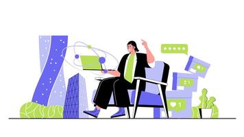 Social network concept for modern web design. People making online posts, watching content, collecting likes, leaving comments, following blogs. Flat illustration isolated on white background. vector