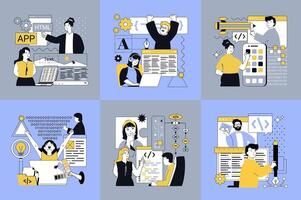 Design software development concept of social media banners set for web. People creating program code, engineering back end design and programming interface and user layouts. illustrations. vector