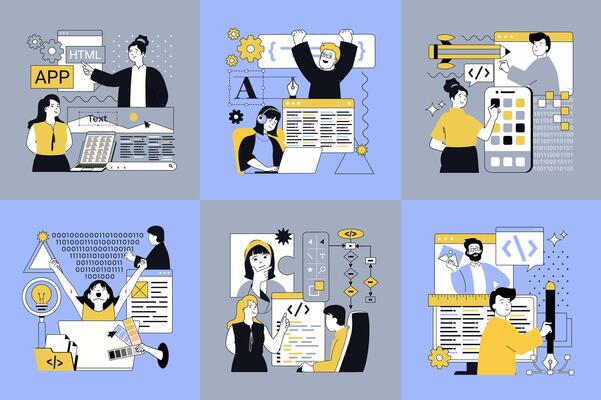 Design software development concept of social media banners set for web. People creating program code, engineering back end design and programming interface and user layouts. illustrations.