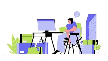 Shopping concept for modern web design. People making purchases in internet stores, paying using credit card, making online shopping on sale. Flat illustration isolated on white background. vector