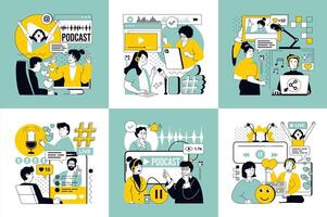 podcast concept of social media banners set for web design. People recording conversation in studio, creating audio interview, broadcasting live, making talk streaming. illustrations. vector