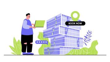 Hotel booking concept for modern web design. People planning trip and renting house or room using laptop, searching travel apartment by internet. Flat illustration isolated on white background. vector