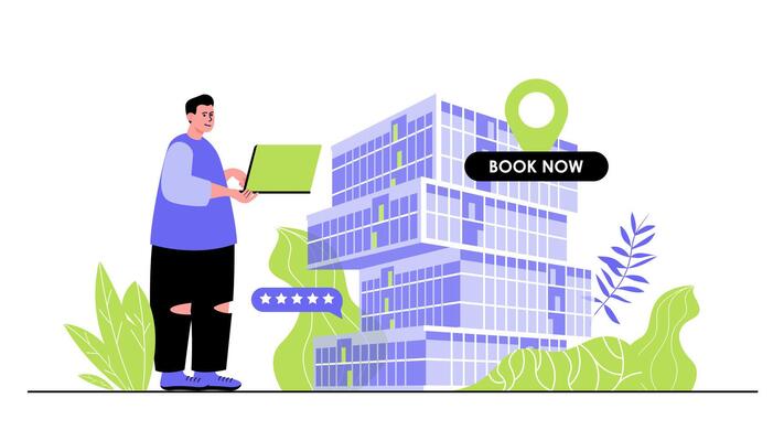 Hotel booking concept for modern web design. People planning trip and renting house or room using laptop, searching travel apartment by internet. Flat illustration isolated on white background.