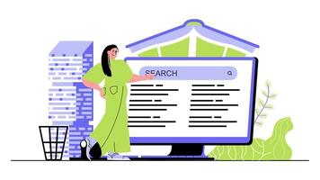 Distance learning concept for modern web design. People studying online, searching new information using laptop, watching lectures and lessons. Flat illustration isolated on white background. vector