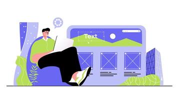 Web development concept for modern design. People developers creating website layout, placing graphic elements, making application template. Flat illustration isolated on white background. vector