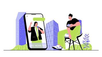 Journalism concept for modern web design. People watching news at chanel in app, journalist with microphone making reportage for tv show. Flat illustration isolated on white background. vector
