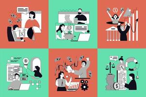 Business and finance concept of social media banners set for web design. People making financial analysis with graphs, planning strategy, investing in company, earning money. illustrations. vector