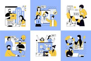 Basic office concept of social media banners set for web design. People communicating, developing business, brainstorming, making investments, planning strategy, earning money. illustrations. vector