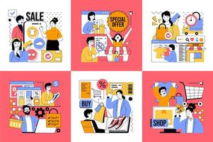 Shopping and Ecommerce concept of social media banners set for web design. People buying in online stores, making purchases with bargain discount prices, paying credit card. illustrations. vector