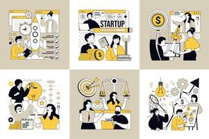 Startup concept of social media banners set for web design. People launching new business, analyzing data, planning project strategy, investment, entrepreneur developing company. illustrations. vector
