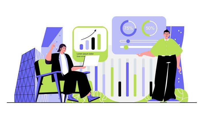Business activities concept for modern web design. People developing company in team, analyzing data graph, planning strategy, brainstorming. Flat illustration isolated on white background.