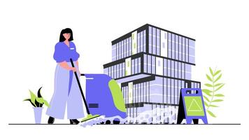 Cleaning service concept for modern web design. People working in cleaning team, woman in uniform with mops, housekeeper washing in office. Flat illustration isolated on white background. vector