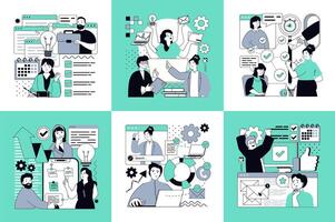 Project management concept of social media banners set for web design. People marking tasks with checklist, teamwork brainstorming, discussion meeting, doing plan and goals. illustrations. vector